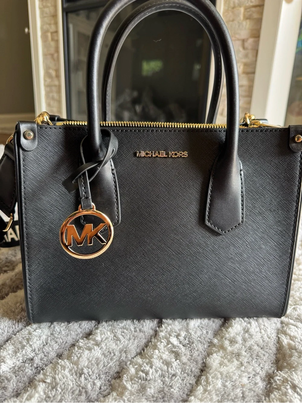 Michael Kors Black Saffiano Satchel with Gold Accents